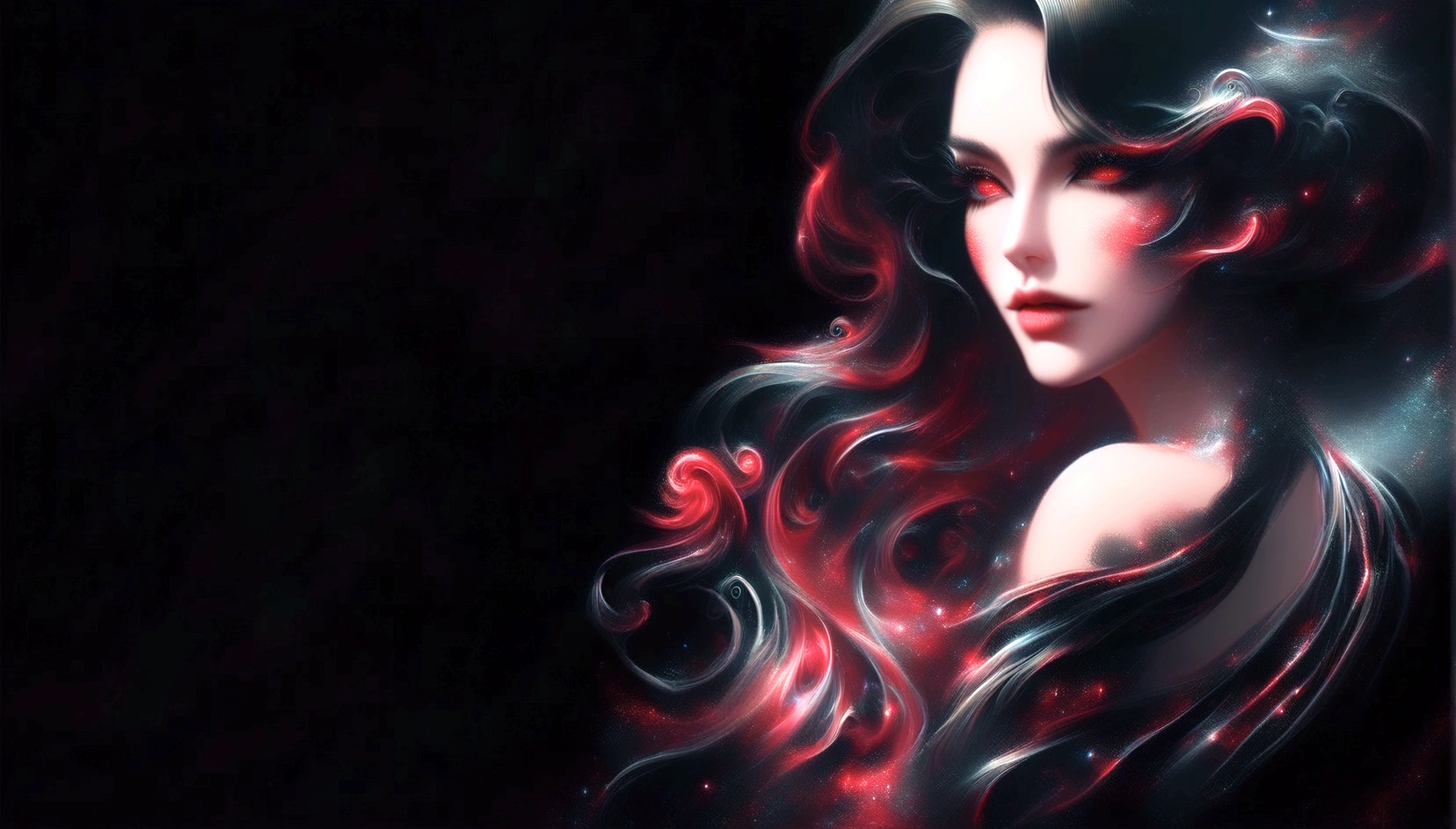 a close up of a woman with long black hair and red roses, black and red hair, stylized digital art, sultry digital painting, karol bak uhd, black and red hair hair, detailed long black hair, 8k high quality detailed art, dark but detailed digital art, very long black/red hair, gorgeous digital art, seductive cyberpunk dark fantasy