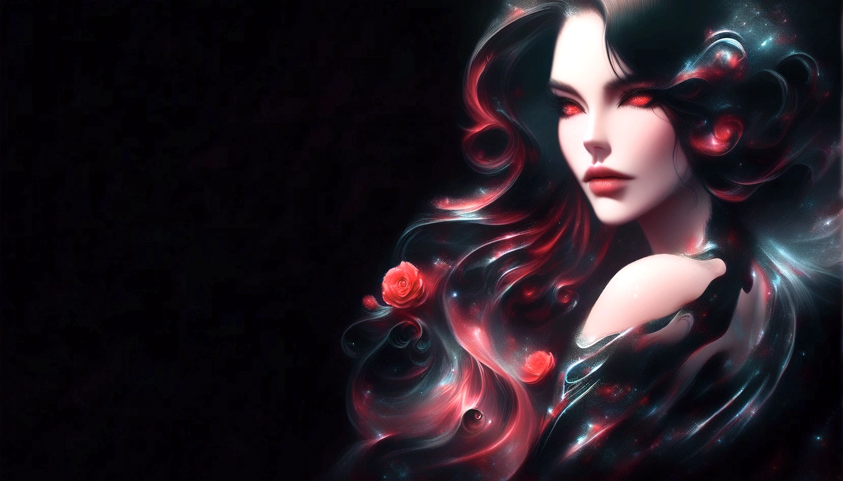 a close up of a woman with long black hair and red roses, black and red hair, stylized digital art, sultry digital painting, karol bak uhd, black and red hair hair, detailed long black hair, 8k high quality detailed art, dark but detailed digital art, very long black/red hair, gorgeous digital art, seductive cyberpunk dark fantasy