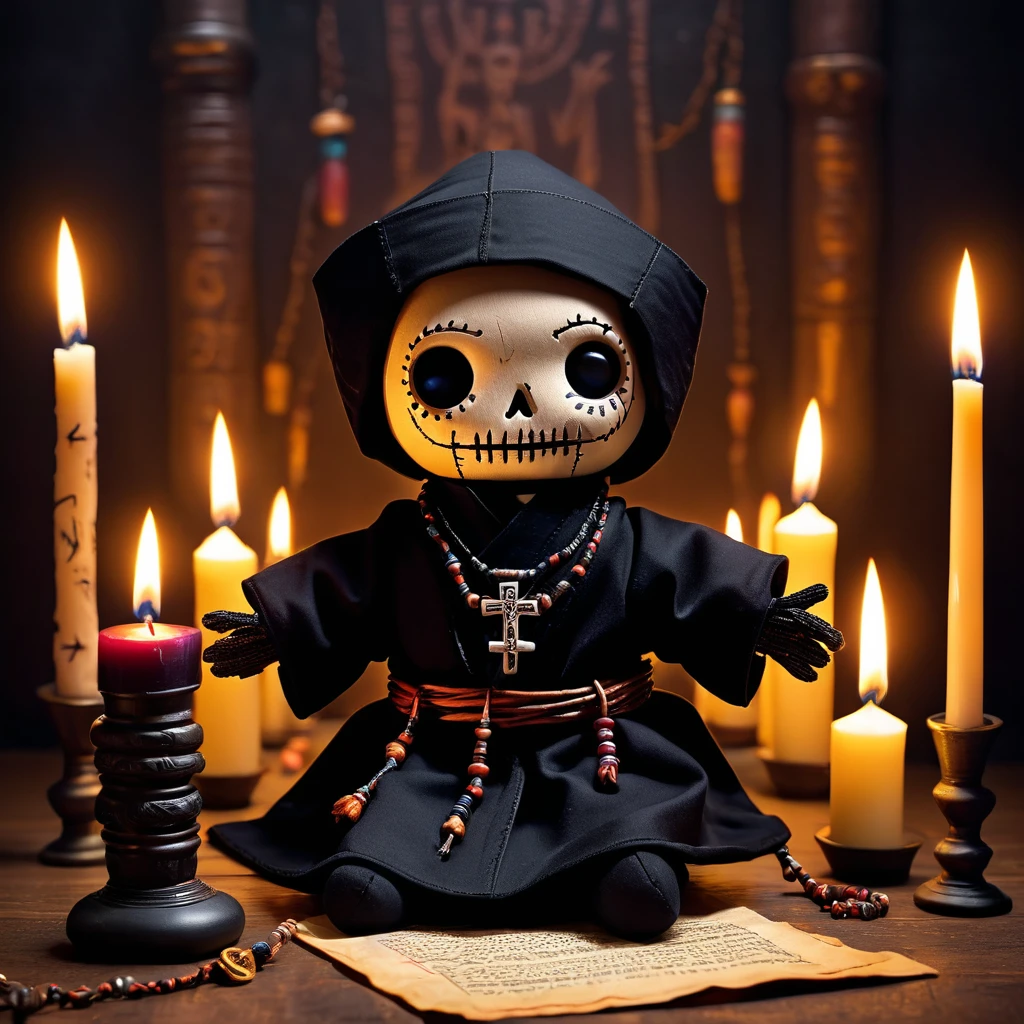 (knitted toy voodoo doll:1.7), (Voodoo Black Monk:1.8), (Clothing: black robes with dark symbols:1.0), (Accessories: mystical rosary, ancient scroll, glowing eyes:1.2), (Background: dark monastery with flickering candles, shadowy corners, and eerie chants:1.2), (full body:1.0), best quality, masterpiece, detailed soft oil painting, detailed background, dramatic cinematic lighting, soft edge lighting, professional, dramatic lighting, hard edge lighting, ultra quality, 4k, masterpiece, best quality, 8k, ultra high definition, high resolution, extremely detailed