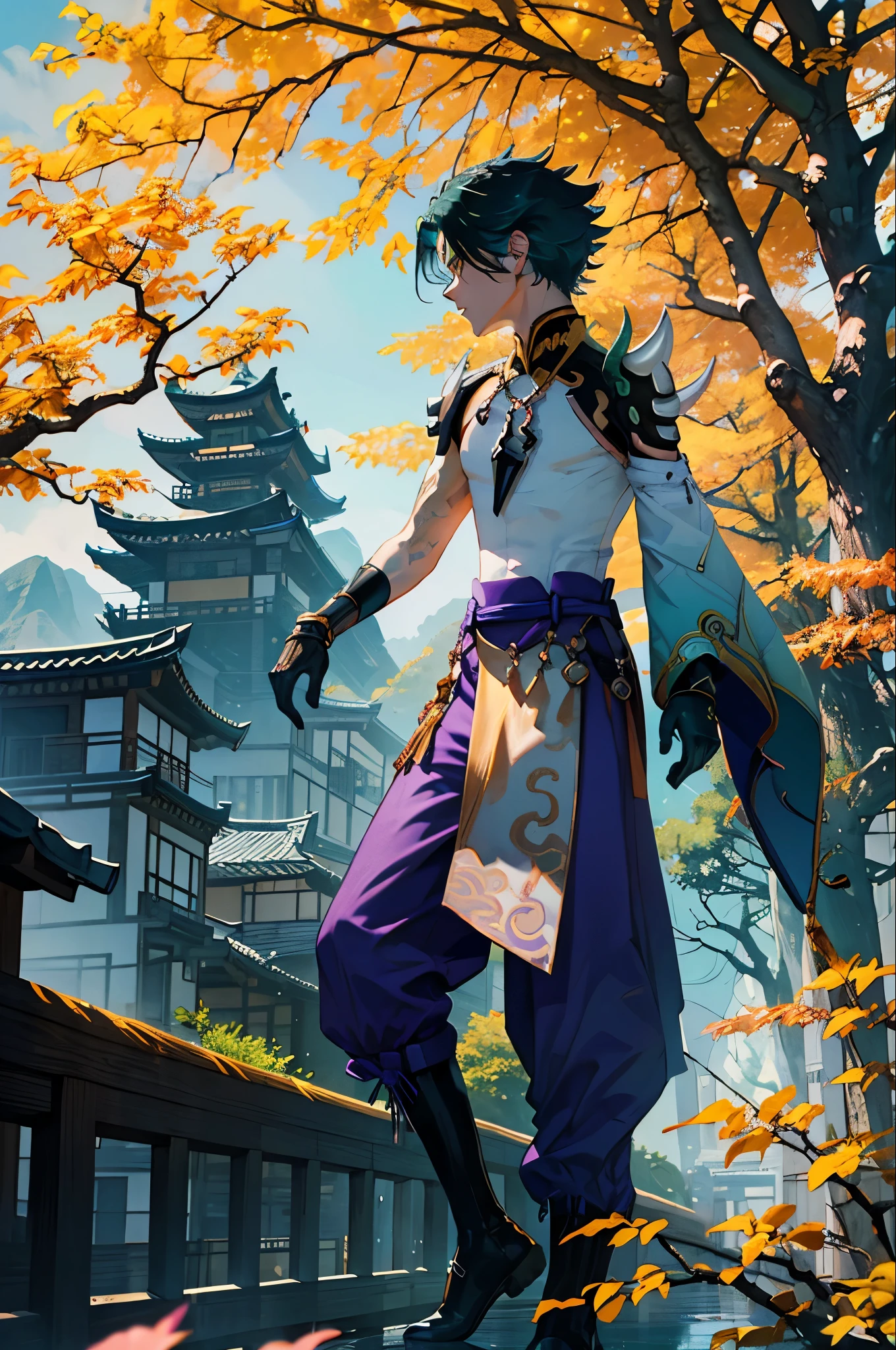 1 adult male solo,xiao \(genshin impact\), 1boy, male focus, short dark teal hair, yellow eyes, white sleeveless shirt, necklace, green tattoo on arm, detached white sleeve, black gloves, wide blue pants, black boots, pink and purple clothes details, black shoulder armor with spikes, outside, chinese mountains, yellow autumn trees, tree leaf falling, windy weather, dramatic light, movie poster style, cinematic shot, book cover, epic