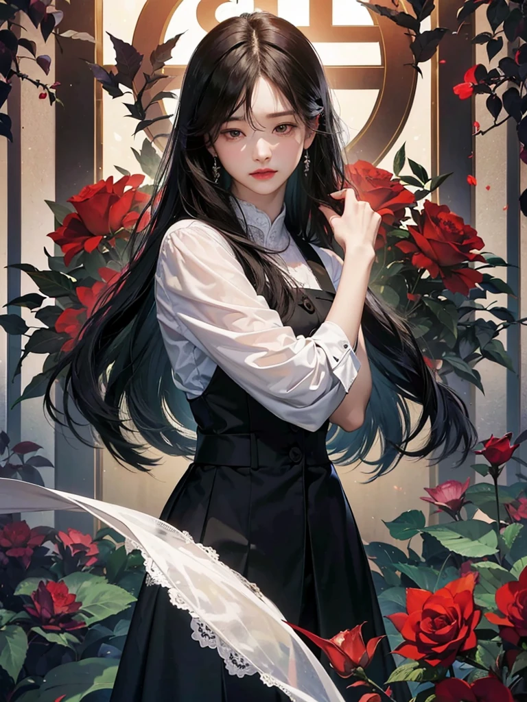 best quality,outstanding,一对情侣在garden里拥抱在一起,The man hugged the woman from behind。Woman with long black hair,cry。Man with short black hair wearing suit,Poker face。garden,western-styled building,Rose,Thorns,Overbearing CEO,Novel cover,Beautiful and delicate face,HD,Light and Shadow,High quality details