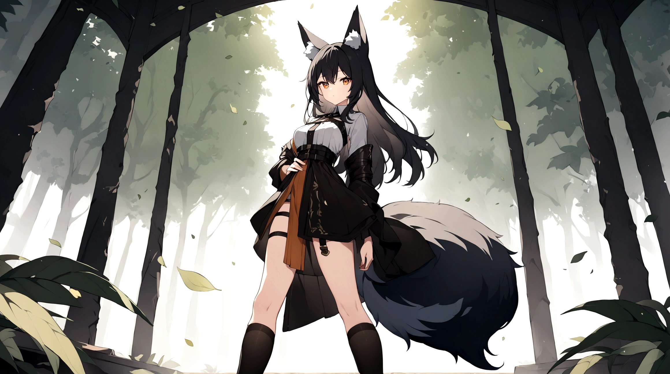 (1girl, Masterpiece, best quality) (detailed and beautiful eyes:1.6) (perfect hands, perfect anatomy) ((full body)) ((Make her look as Adult)) fox-girl Misaki has ((short black hair styled in a slightly tousled manner and her fox ears are perked up attentively.)) (She wears a black fantasy, adventurer leather armor with coat) Her outfit includes a (high-collared adventurer medium dress with red accents and 3 leather straps, emphasizing a combination of practicality) and elegance. She has a one black, big **fluffy** fox tail. She has a black long over-to-knee socks. Misaki's orange eyes exude a sense of mystery and confidence. Light filtering through the leaves create a serene yet enigmatic atmosphere. Her standing positon showcases her strength, adultness and readiness for battle.
