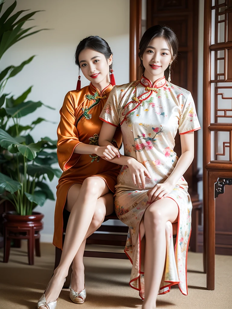 light, Ray Tracing, Film Grain, Depth of Field, Ultra HD, masterpiece, best quality, Super Detail, The award-winning, high resolution, High Detail, Real human skin, Natural skin texture, 1 Girl, Oval face, cheongsam, whole body,Big breasts,indoor, (((Show your thighs))), Bare thighs, Beautiful legs, ((Chest)), Full figure, whole body, kiss, ((Colorful Chinese Clothing)), sit在地上, Smile, High heel, (sit:1.3), Chinese furniture, vase, Sense of space, Face lighting, Depth of Field, Natural light, Flowers, plant, Art Deco Design,Correct human body structure,Five fingers,Correct leg structure
