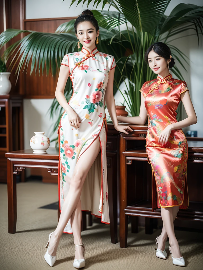 light, Ray Tracing, Film Grain, Depth of Field, Ultra HD, masterpiece, best quality, Super Detail, The award-winning, high resolution, High Detail, Real human skin, Natural skin texture, 1 Girl, Oval face, cheongsam, whole body,Big breasts,indoor, (((Show your thighs))), Bare thighs, Beautiful legs, ((Chest)), Full figure, whole body, kiss, ((Colorful Chinese Clothing)), sit在地上, Smile, High heel, (sit:1.3), Chinese furniture, vase, Sense of space, Face lighting, Depth of Field, Natural light, Flowers, plant, Art Deco Design,Correct human body structure，Five fingers，Correct leg structure