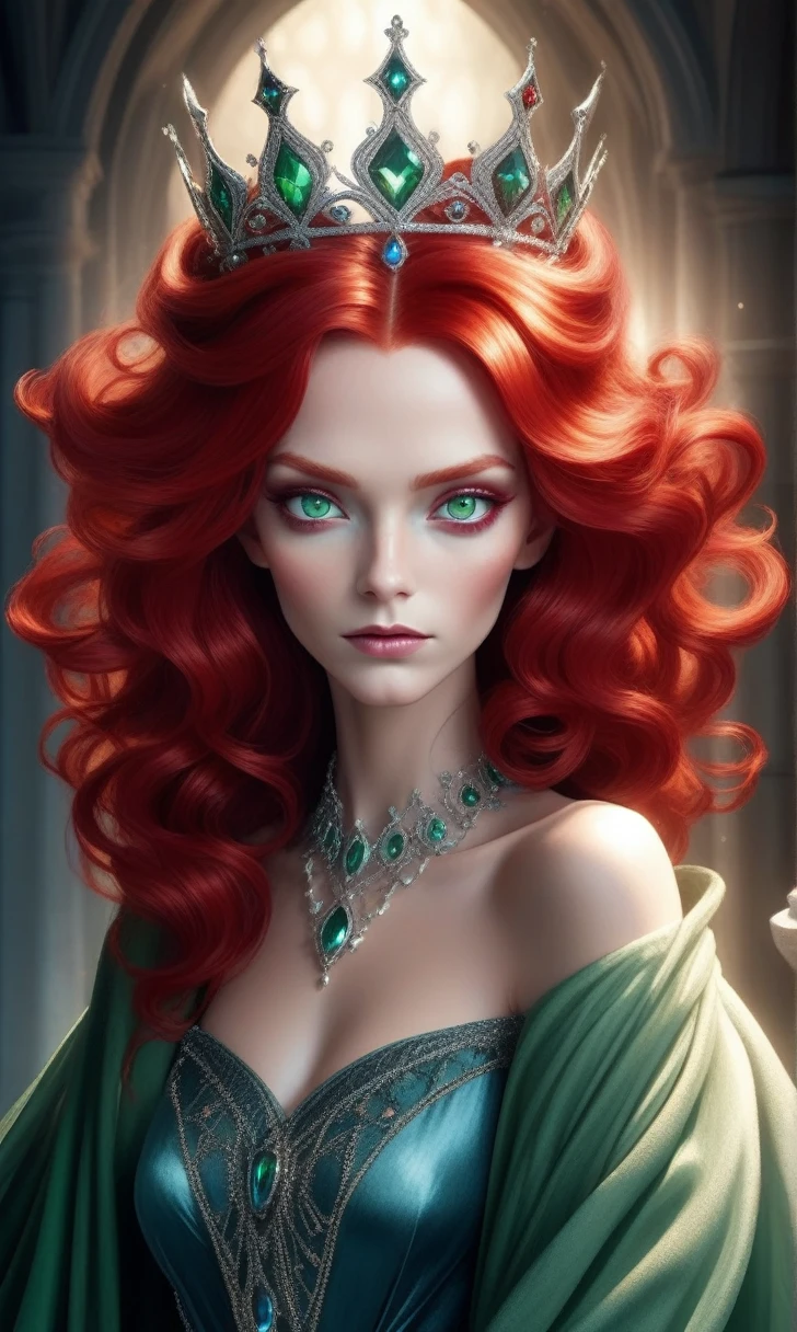 (((Red Queen))),Red Hair,Green eyes,Blue eye shadow,Gorgeous crown,Gorgeous jewelry, Shadowweave Robe, Flowing fabrics, The ultimate light, Dynamic Synthesis, Charming atmosphere, Soft moonlight, velvety texture, Luminous details.