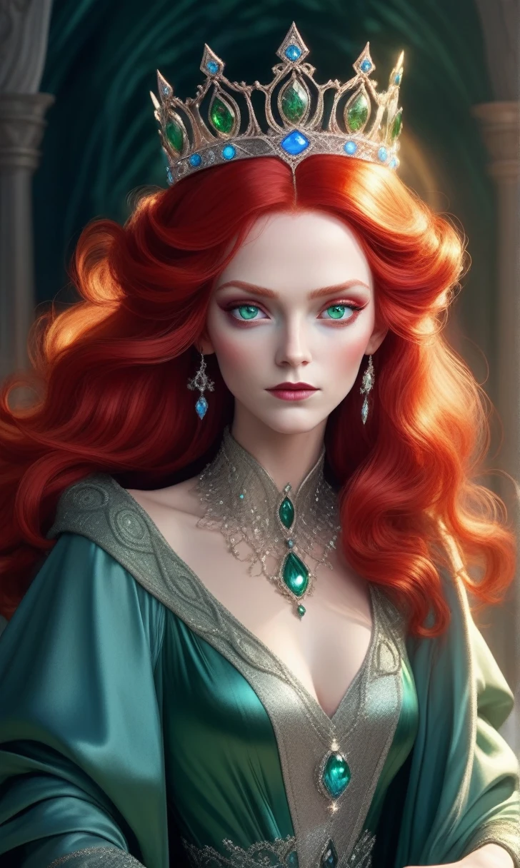 (((Red Queen))),Red Hair,Green eyes,Blue eye shadow,Gorgeous crown,Gorgeous jewelry, Shadowweave Robe, Flowing fabrics, The ultimate light, Dynamic Synthesis, Charming atmosphere, Soft moonlight, velvety texture, Luminous details.