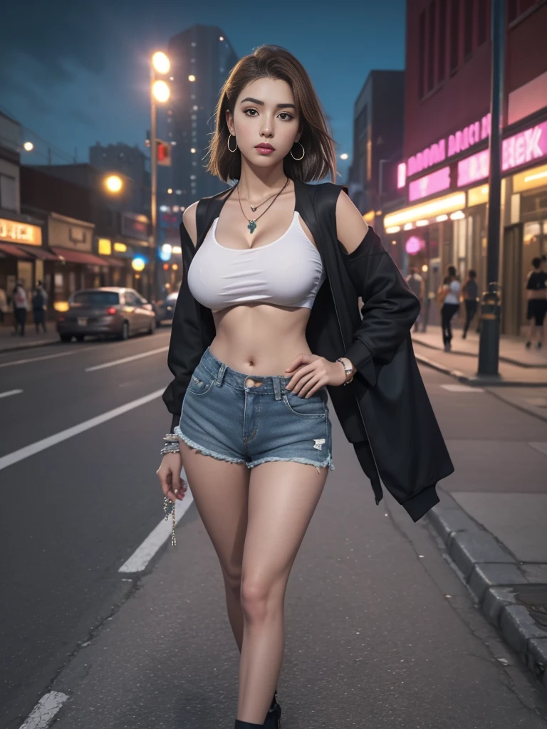 (1 girl, solo),Best quality, full body portrait, delicate face,brown long hair, bob haircut, forehead, 18 year old girl, slim figure, huge bust, loose oversized u-neck crop top full sleeved shhirt, cleavage,(under boobs:1.4), crotch gap, cameltoe, over shirt shorts, seen string of bikini bottoms, sunset bridge, vintage vespa behind, scene, standing tall, long leg , necklace, rings, earrings, bracelet, watch, open legs, araffe woman in shorts and a white top walking down a street, photorealistic perfect body, anime girl in real life, realistic anime 3 d style, sexy girl wearing shorts, at a city street, hyperrealistic full figure, bra and shorts streetwear, beautiful model girl, cyberpunk 2 0 y. o model girl, fashion model, hyper realistic anime, small waist, naval piercing, bellybutton pierced, nightlife,visible bra,denim shorts,tight ass, slutty,at night photo, night photography,brown hair(night outdoors)