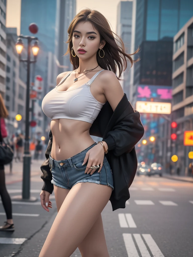 (1 girl, solo),Best quality, full body portrait, delicate face,brown long hair, bob haircut, forehead, 18 year old girl, slim figure, huge bust, loose oversized u-neck crop top full sleeved shhirt, cleavage,(under boobs:1.4), crotch gap, cameltoe, over shirt shorts, seen string of bikini bottoms, sunset bridge, vintage vespa behind, scene, standing tall, long leg , necklace, rings, earrings, bracelet, watch, open legs, araffe woman in shorts and a white top walking down a street, photorealistic perfect body, anime girl in real life, realistic anime 3 d style, sexy girl wearing shorts, at a city street, hyperrealistic full figure, bra and shorts streetwear, beautiful model girl, cyberpunk 2 0 y. o model girl, fashion model, hyper realistic anime, small waist, naval piercing, bellybutton pierced, nightlife,visible bra,denim shorts,tight ass, slutty,at night photo, night photography,brown hair(night outdoors)