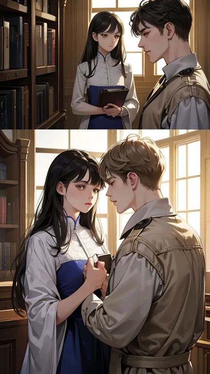 masterpiece, best quality, Practical, In the library of Alcott Manor,Alex and Nicholas share a quiet corner。A tradition of sharing book pages led Alex to《the art of love》Pass to Nicholas。When Nicholas read the verses,their relationship deepens,leading to an intimate kiss,Their emotions echoed in the silent night, (absurd, High resolution, Super detailed), facial details,Delicate and meticulous, 8K, Reality, Dramatic Lighting, high quality, Complex design, enlarged texture, Exquisite details