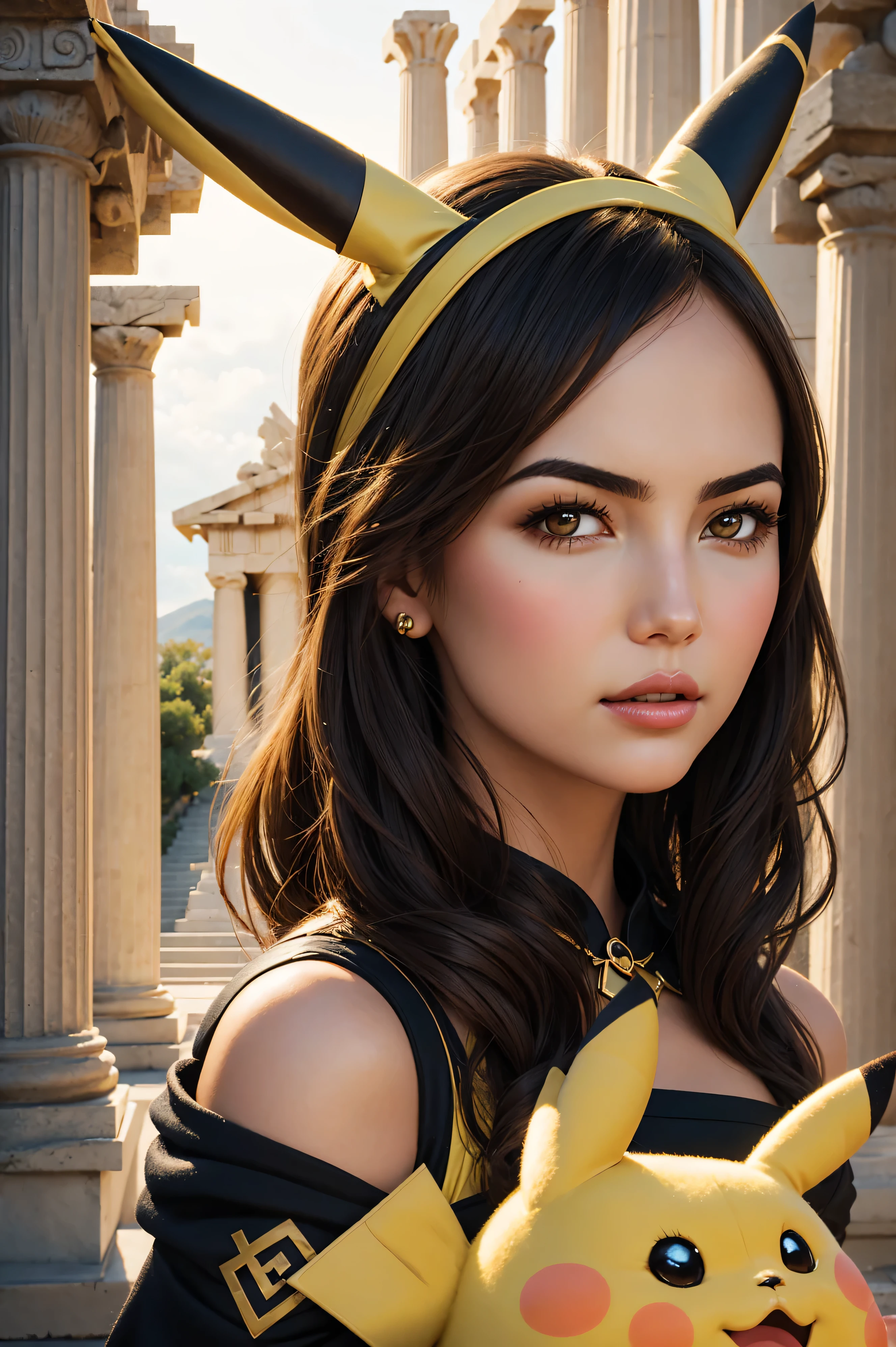36k, portrait Camilla Belle is pikachu, pikachu ear, greek temple background, in the style of tom bagshaw, artgerm