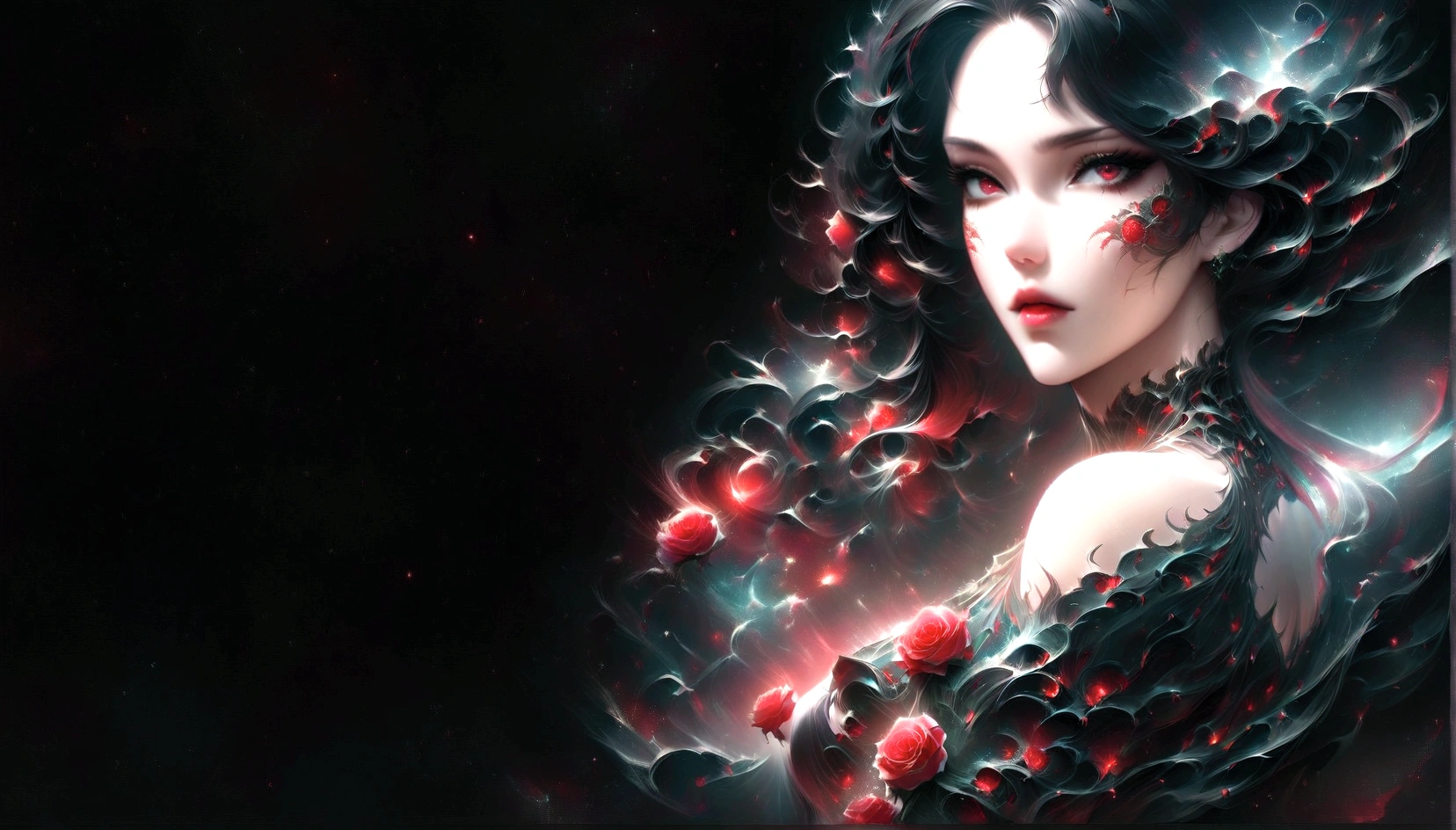 a close up of a woman with long black hair and red roses, black and red hair, stylized digital art, sultry digital painting, karol bak uhd, black and red hair hair, detailed long black hair, 8k high quality detailed art, dark but detailed digital art, very long black/red hair, gorgeous digital art, seductive cyberpunk dark fantasy