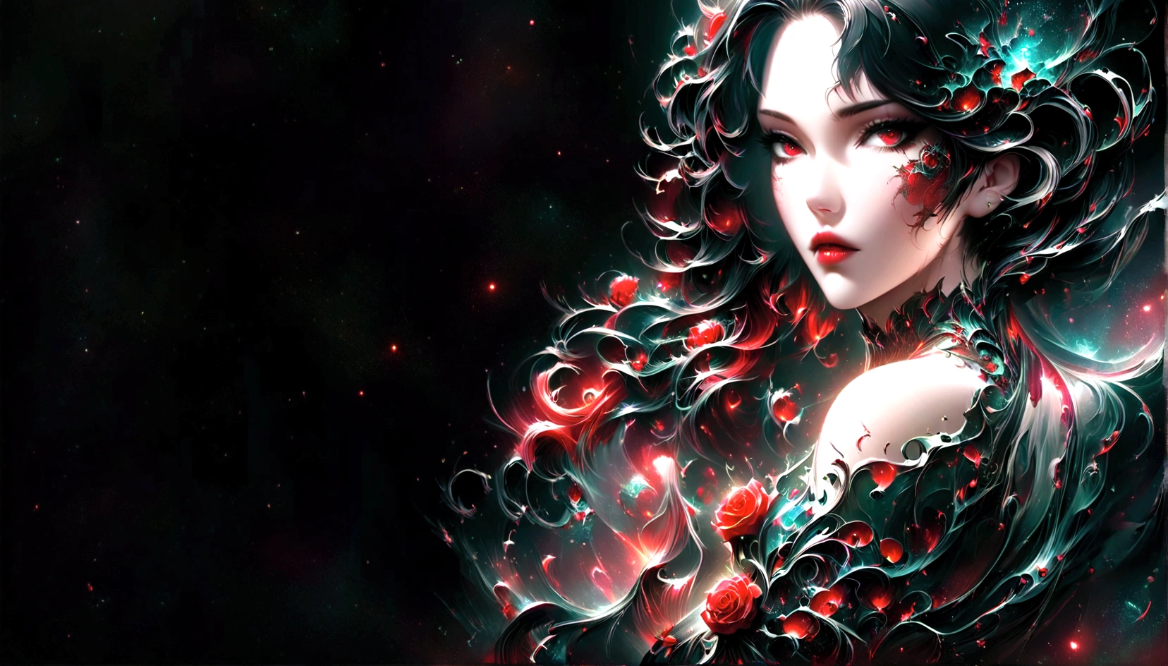 a close up of a woman with long black hair and red roses, black and red hair, stylized digital art, sultry digital painting, karol bak uhd, black and red hair hair, detailed long black hair, 8k high quality detailed art, dark but detailed digital art, very long black/red hair, gorgeous digital art, seductive cyberpunk dark fantasy