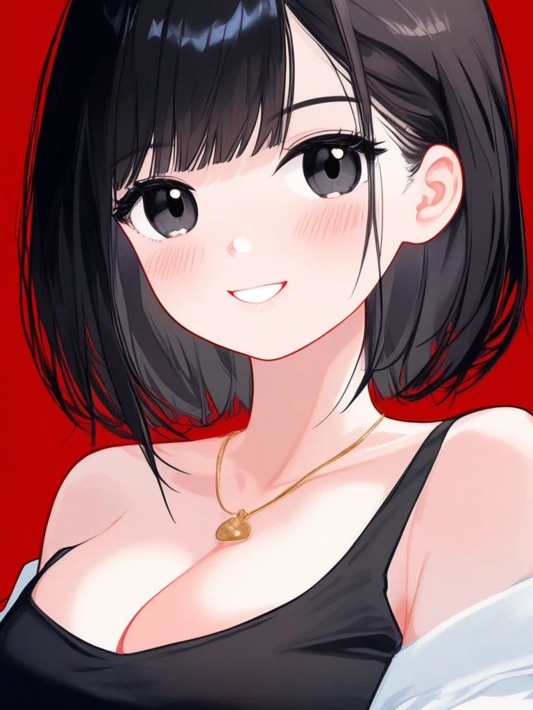 solo,1girl,red background,simple background,upper body,looking at viewer,blush,smile,parted lips,black eyes,black hair,short hair,bangs,large breasts,cleavage,collarbone,navel,white shirt,open shirt,bare shoulders,off shoulder,crop top,midriff,black tank top,