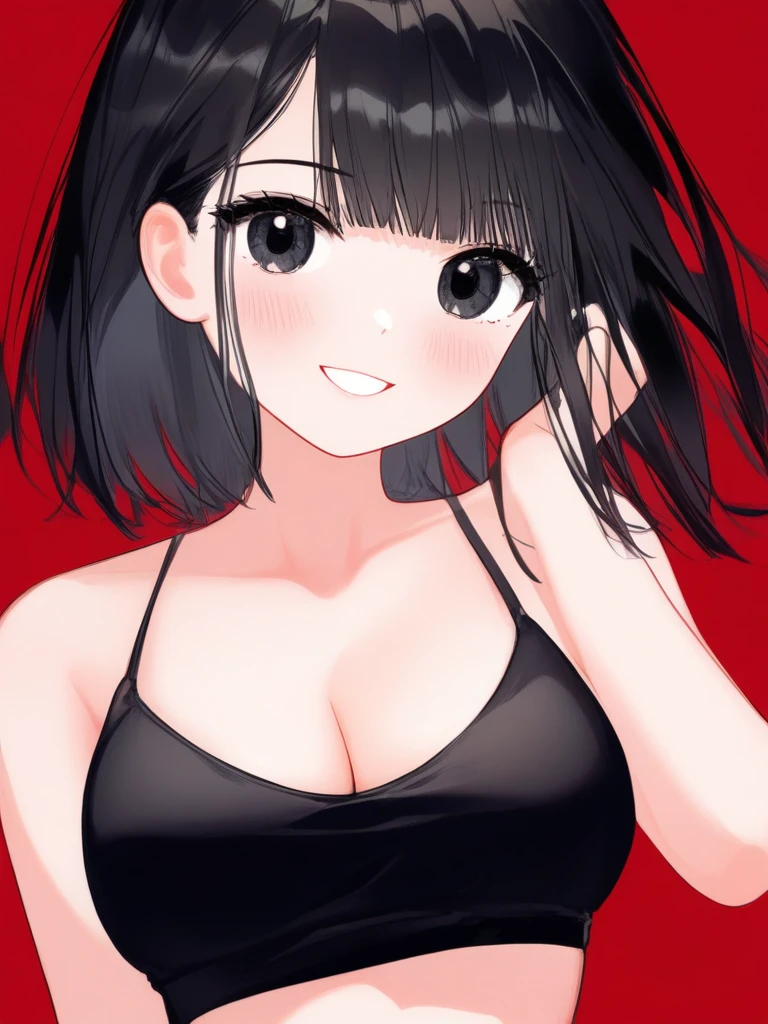 solo,1girl,red background,simple background,upper body,looking at viewer,blush,smile,parted lips,black eyes,black hair,short hair,bangs,large breasts,cleavage,collarbone,navel,white shirt,open shirt,bare shoulders,off shoulder,crop top,midriff,black tank top,