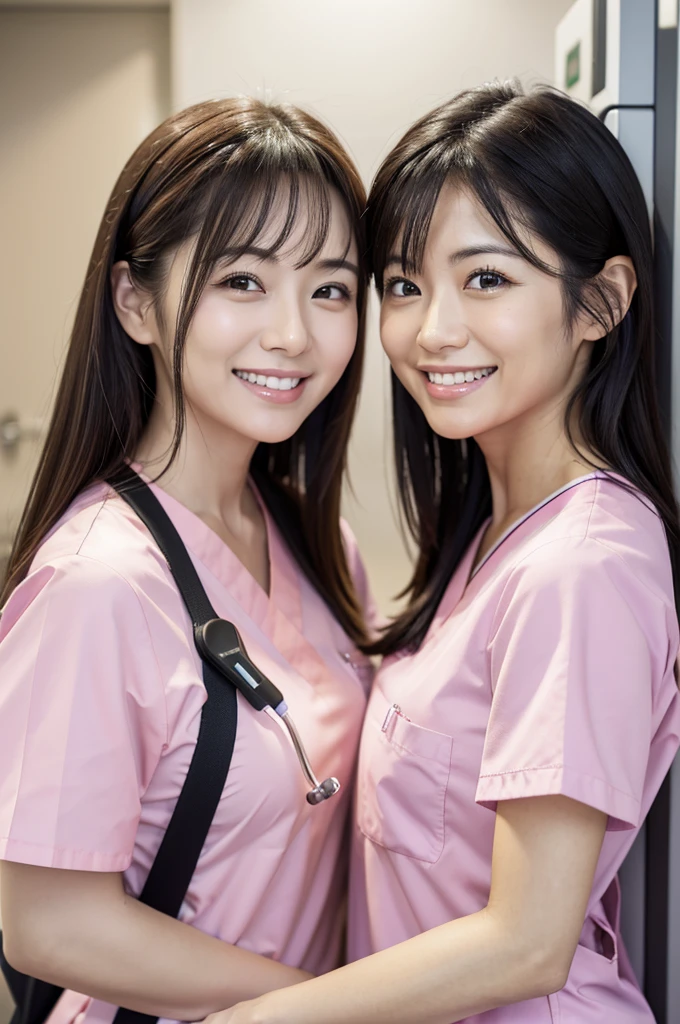 Dental hygienist, only two women Side by side, smiling, wearing light pink medical scrubs, short sleeves, cute, Japanese, black hair, women in their early 20s Upper body close-up high resolution Highest quality Don't press your face too much