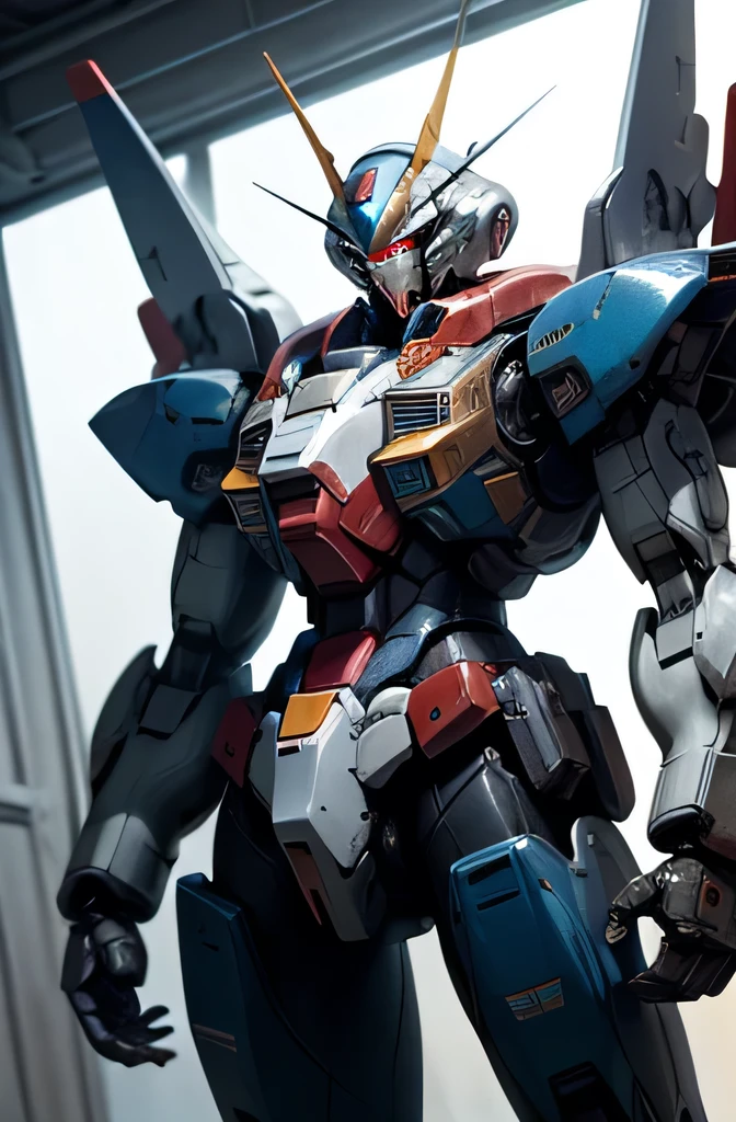 Highest quality、Fantasy、masterpiece、The whole body of a giant robot like Gundam、In the spaceship hangar、Standing under the lights、Blue on white、red、Yellow coloring、Glossy body with exquisite details、Well-proportioned limbs、A detailed depiction of a knight's helmet-like head、A precisely drawn Gundam-like face、Holding a large, detailed shield, The inside of the hangar is cluttered.、The maintenance staff are busy working
