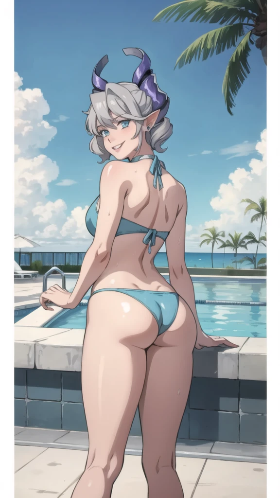 Match background High level image quality best image quality 8K adult woman pool party rain palm trees more colors whole body view portrait bikini horn ears short hair((shortcut)(gray hair)(perm)(fluffy)) eye color is blue , , attractive evil face , smile , sexy pose , labrynth , barearm , , standing view from behind by the pool , crossed legs , all wet , wet hair