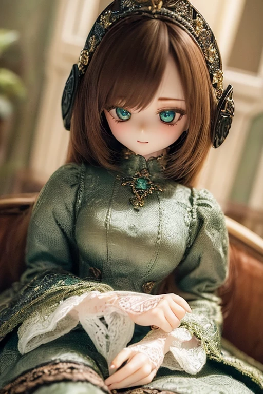 ((highest quality)), ((masterpiece)), (extremely detailed), kukolnydom, doll, (mature woman:1.6), solo, ((cowboy shot)), sitting on sofa, green eyes, (looking down, blank eyes, detailed eyes:1.3), light smile, dress, castle, 8k