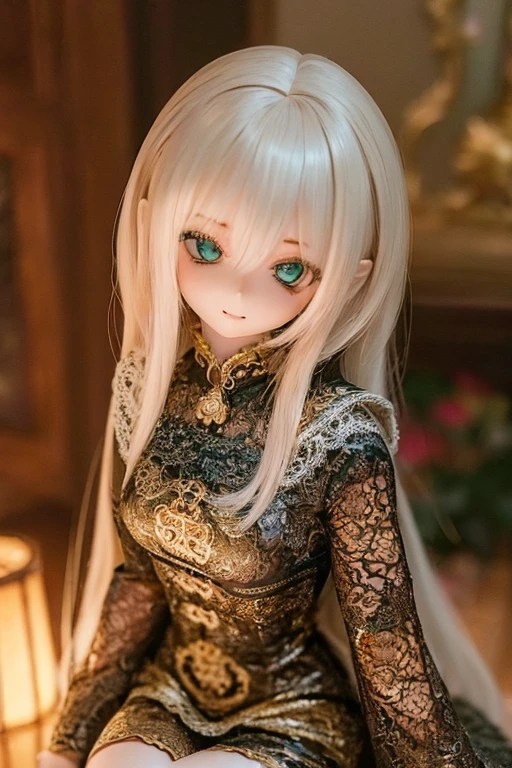 ((highest quality)), ((masterpiece)), (extremely detailed), kukolnydom, doll, (mature woman:1.6), solo, ((cowboy shot)), sitting on sofa, green eyes, (looking down, blank eyes, detailed eyes:1.3), light smile, dress, castle, 8k