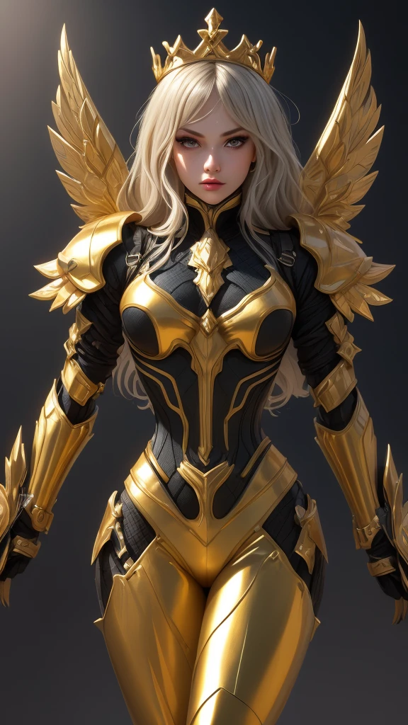 A woman adorned in fantasy-style full-body armor, a crown-concept fully enclosed helmet that unveils only her eyes, a composite layered chest plate, fully encompassing shoulder and hand guards, a lightweight waist armor, form-fitting shin guards, the overall design is heavy-duty yet flexible, (the armor gleams with a golden glow, complemented by red and blue accents), exhibiting a noble aura, she floats above a fantasy-surreal high-tech city, this character embodies a finely crafted fantasy-surreal style armored hero in anime style, exquisite and mature manga art style, (mixture of Queen bee and Spider concept Armor, plasma), ((Element, elegant, goddess, femminine:1.5)), metallic, high definition, best quality, highres, ultra-detailed, ultra-fine painting, extremely delicate, professional, anatomically correct, symmetrical face, extremely detailed eyes and face, high quality eyes, creativity, RAW photo, UHD, 32k, Natural light, cinematic lighting, masterpiece-anatomy-perfect, masterpiece:1.5