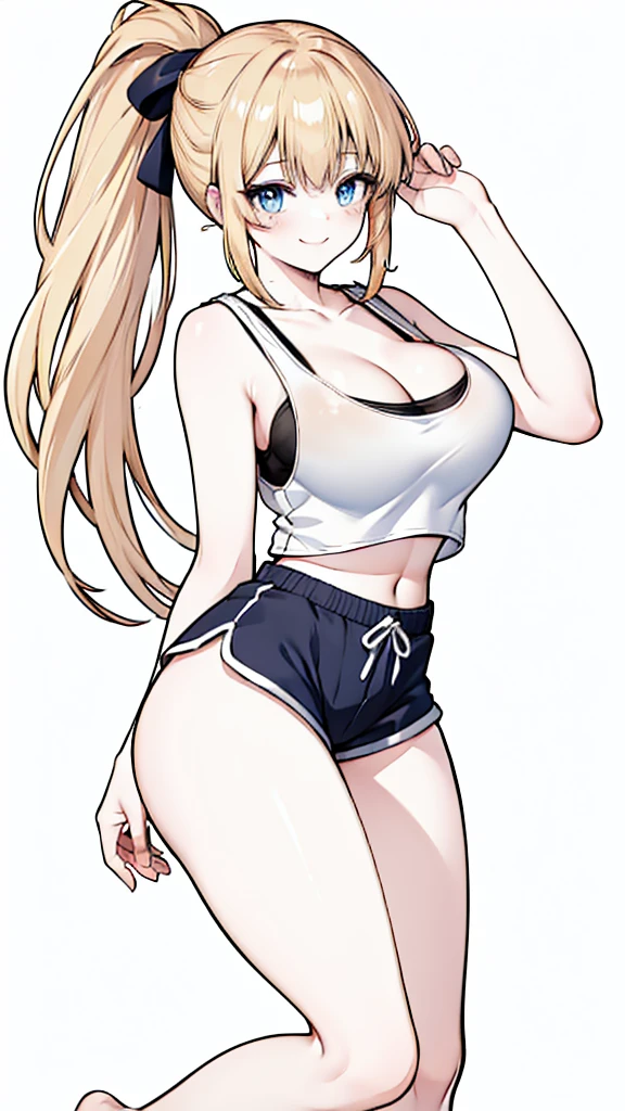 1girl, long blonde hair, blue eyes, wearing blue tank top and black dolphin shorts, no background, absurdres, high res, ultrasharp, 8K, masterpiece, long legs, large breasts, thicc thighs, thighs shown, blushing, short shorts, barefoot, perfect hands, large ass, seductive smile, perfect hands, super closeup, large cleavage, wedgie, bra under tank top, bra, tank top, black bra seen under blue tank top, anime line art, lineart, smiling, seductive pose, long legs, ponytail, tight dolphin shorts, light blue tank top, light blue tank top, light blue tank top, long legs, coloured tank top, cleavage, skimpy bra under tank top, fully white background, blue tank top, slender figure, arm between thighs