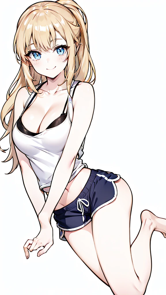 1girl, long blonde hair, blue eyes, wearing blue tank top and black dolphin shorts, no background, absurdres, high res, ultrasharp, 8K, masterpiece, long legs, large breasts, thicc thighs, thighs shown, blushing, short shorts, barefoot, perfect hands, large ass, seductive smile, perfect hands, super closeup, large cleavage, wedgie, bra under tank top, bra, tank top, black bra seen under blue tank top, anime line art, lineart, smiling, seductive pose, long legs, ponytail, tight dolphin shorts, light blue tank top, light blue tank top, light blue tank top, long legs, coloured tank top, cleavage, skimpy bra under tank top, fully white background, blue tank top, slender figure, arm between thighs