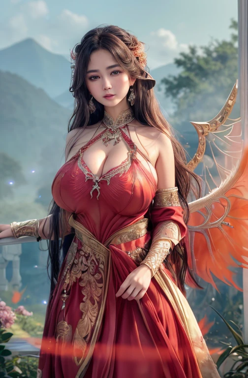 Ultra-realistic 8K CG, Flawless, Clean, masterpiece, Professional artwork, Masterpieces, light, bloom, Perfect face, Pretty Face, fantasy, Like a dream, illusory, Science fiction, Lace, Lace trim, Lace-trimmed legwear, luxury, Jewelry, diamond, From Kane, pearl, gem, 蓝gem, 红gem, emerald, Intricate details, Beautiful Pattern, charming, Tempting, Tempting, , enchanting, hair ornament, neckLace, earrings, bracelet, armband,Halo,autumn,
((,1 girl, Throw,best quality,)), (((1 girl, solitary))), (gigantic round breasts:1.5), ,(((Full and soft breasts,)))(((Huge breasts))) (((cleveage))))Red Dress, long_hair, (Half Body, Looking at the audience:1.5), (Wings of Flame:1.5).