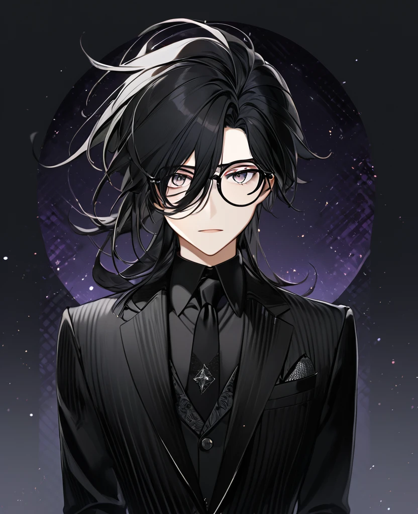 (black_hair), (dark_black_eyes), (sharp_pupil), (detailed_eyes), (attractive), (emotionless), (void_space_background), (male), (wearing _a_black_suit), (long_male_hair), (detailed_Hair), (detailed), (detailed_mouth), (glasses)