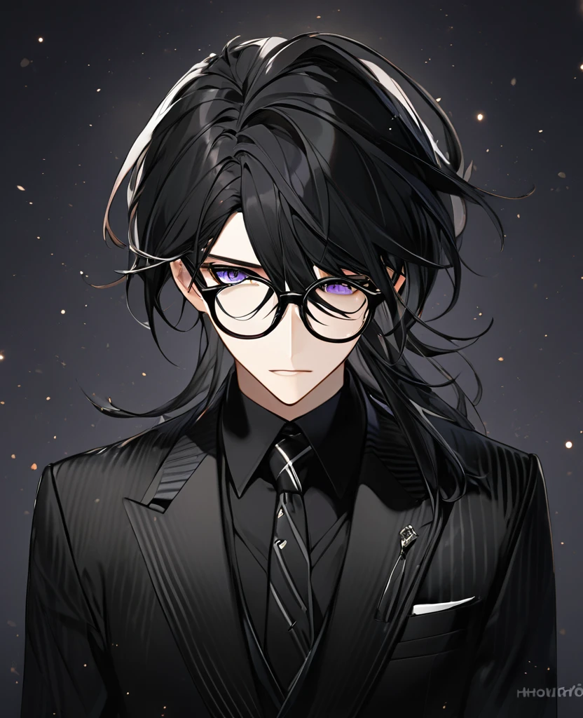 (black_hair), (dark_black_eyes), (sharp_pupil), (detailed_eyes), (attractive), (emotionless), (void_space_background), (male), (wearing _a_black_suit), (long_male_hair), (detailed_Hair), (detailed), (detailed_mouth), (glasses)