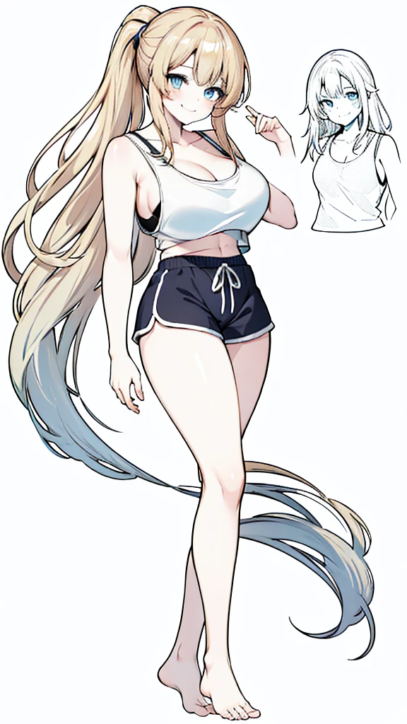 1girl, long blonde hair, blue eyes, wearing blue tank top and black dolphin shorts, no background, absurdres, high res, ultrasharp, 8K, masterpiece, long legs, large breasts, thicc thighs, thighs shown, blushing, short shorts, barefoot, perfect hands, large ass, seductive smile, perfect hands, super closeup, large cleavage, wedgie, bra under tank top, bra, tank top, black bra seen under blue tank top, anime line art, lineart, standing up, hands by sides, smiling, full body picture, simple pose, long legs, ponytail, tight dolphin shorts, light blue tank top, light blue tank top, light blue tank top