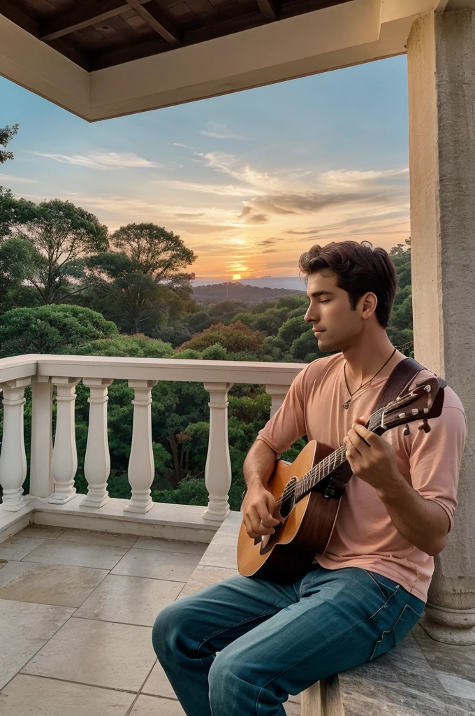 A young man sits on a sturdy stone pillar in a balcony, strumming his guitar gently as the sun begins to set. The sky is painted in shades of orange, pink, and purple, casting a warm glow over everything. The balcony is adorned with lush greenery, and leaves fall slowly, swirling down in the soft breeze. The peaceful scene is filled with a sense of calm and tranquility, with the melodies from the guitar harmonizing with the gentle rustle of the falling leaves."