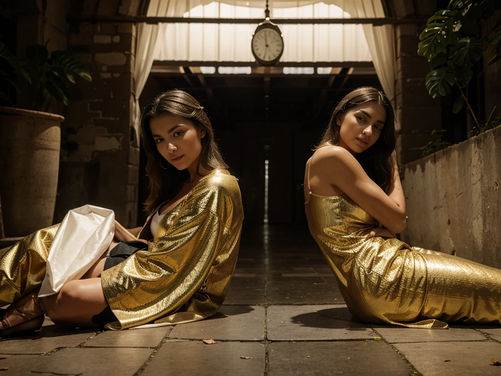 Beautiful girl sitting on old gold next to the giant Jesus