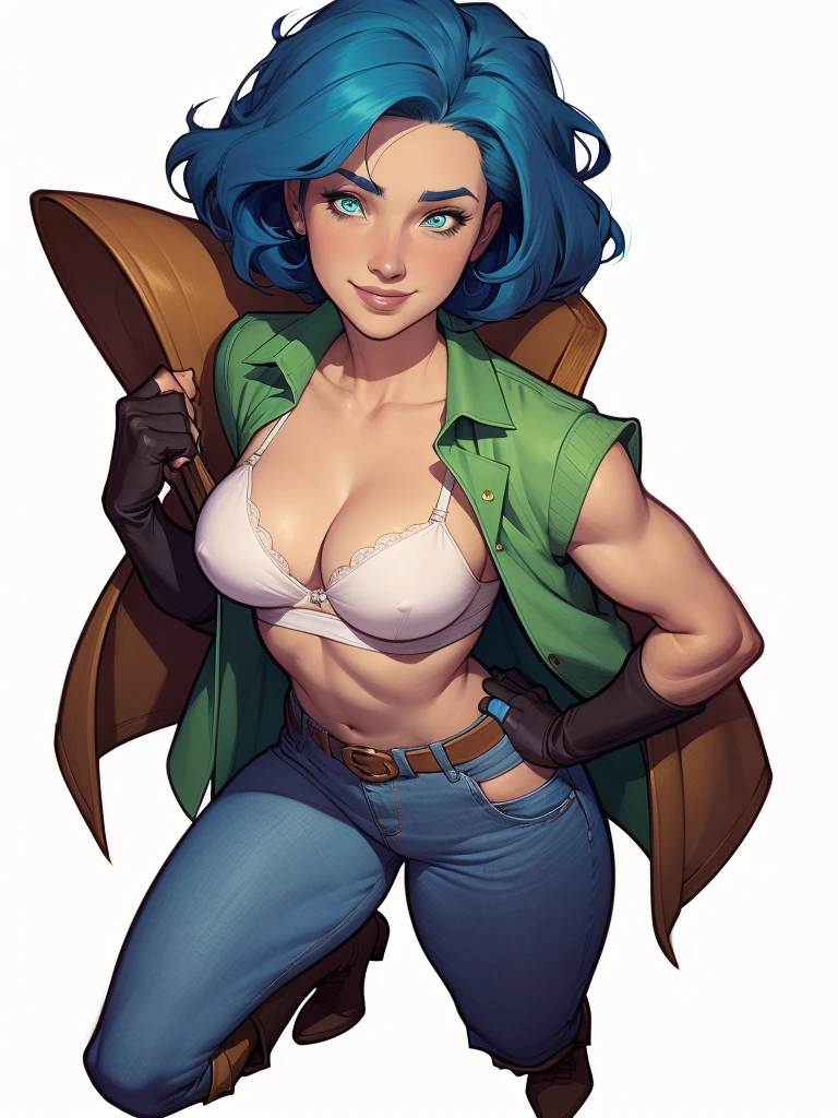 (cartoon style:1.2), Drawings of (Ginevra Molly Weasley), he used to smile, perfect green eyes, face detailed, White background, fun pose, seducing gaze,Full body wearing the Sanserina uniform, beautiful medium breasts and wonderful body cartoon style digital illustration. Wearing pantiesJennifer Connelly , , white bra, green vest, sleeveless, へそ, blue jeans, Brown boots, gloves fingerless, short gloves, slightly-smile, shorth hair, wavy hair, parted bangs, blue colored eyes, wart under the right eye, old american west, sunny desert background, waist belt, best qualityer, Artwork Jennifer Connellyum close-up of a woman with blue hair and a green blouse, artegerm and lois van baarle, style artegerm, Lois van Baarle e Rossdraws, in the style artegerm, model iG | artegerm, artegerm julie bell beeple, artegerm style, style ivan talavera and artegerm