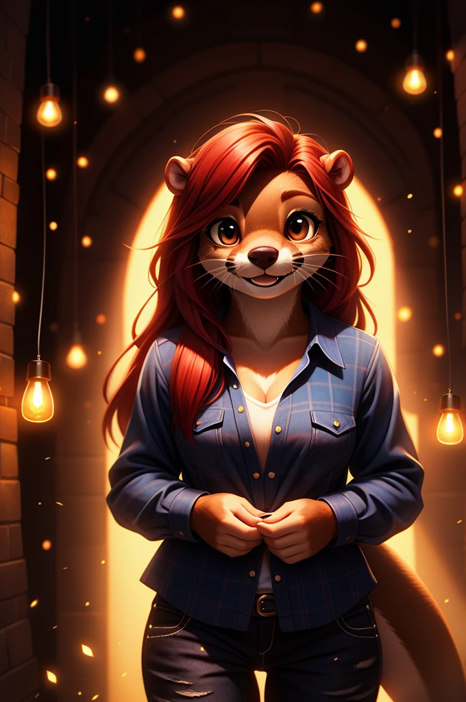 otter, female, white fur, ((Female Otter long hair)), ((red hair)),Black jeans, Lumberjack shirt, look towards the viewer, very cute face, Is total happy, small breast, detail elements on fur, beautiful lights and shadows, ambient light, super fine fur, volumetric light,