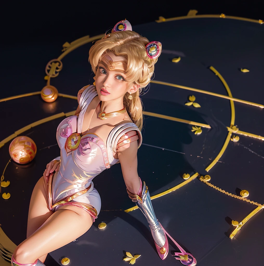 Highest quality，masterpiece，Ultra-high resolution, Very detailed, 8K，a 30 years old beautiful Japanese woman:1.5, Small face, Blonde, Breast Augmentation Surgery, (Detailed Sailor Moon costume:1.5), Big Ass