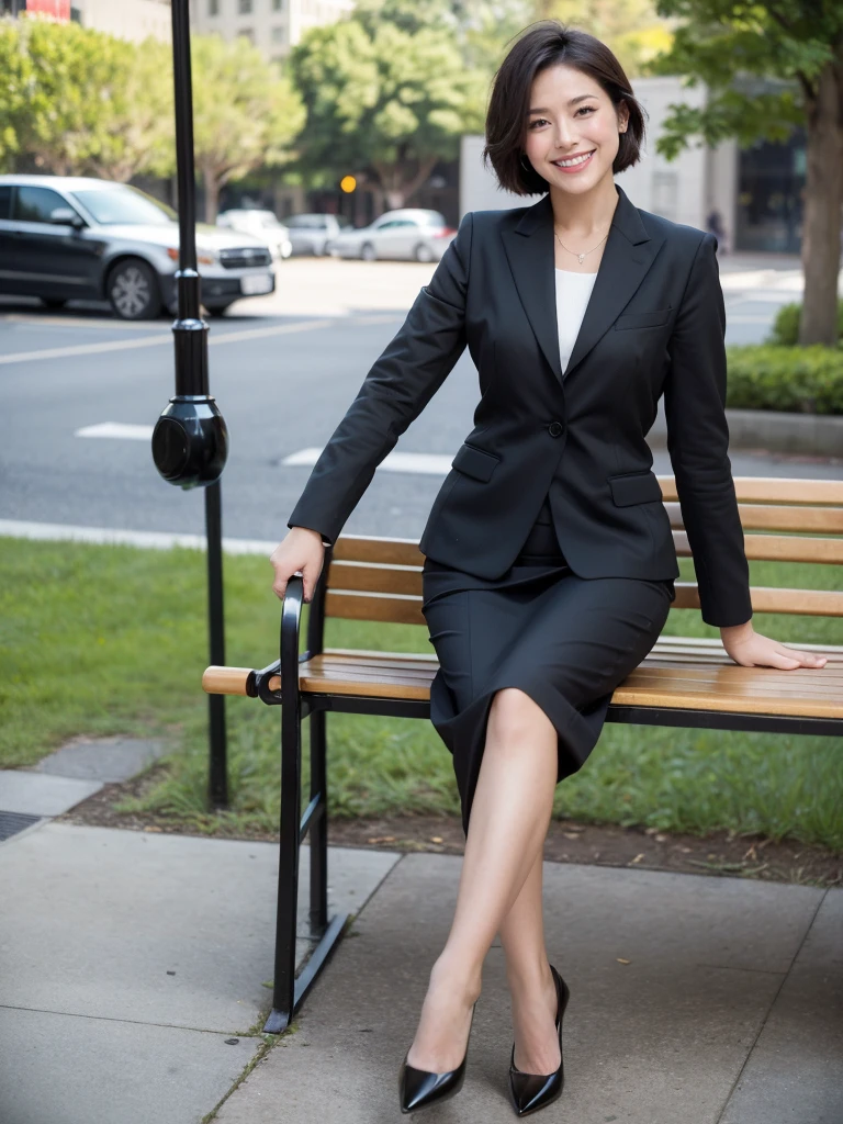 最high quality, 8K, Masseter area, Energetic, Clear focus, high quality, high resolution, Delicate face, Fine particles, thick lips, (Looking at the audience), Solitary, Beautiful woman, 38 years old, Plum, Black short hair,  (business attire:1.5), afternoon、In front of the park garden,（Sitting on a bench：1.5）、((Smile:1.5))、((Wearing black high heels))