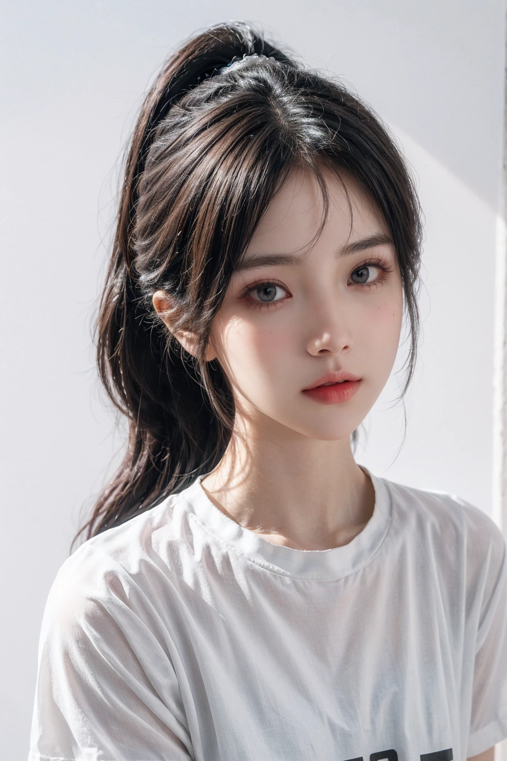 masterpiece, best picture quality, Extreme details, ultra high resolution, ultra high definition, Beautiful girl, woman, shiny skin, thin, black hair, short ponytail, 1, big eyes, beautiful eyes, lipstick, Exquisite facial features, bust, look at the viewer, t-shirt, single tone background, White background, soft light