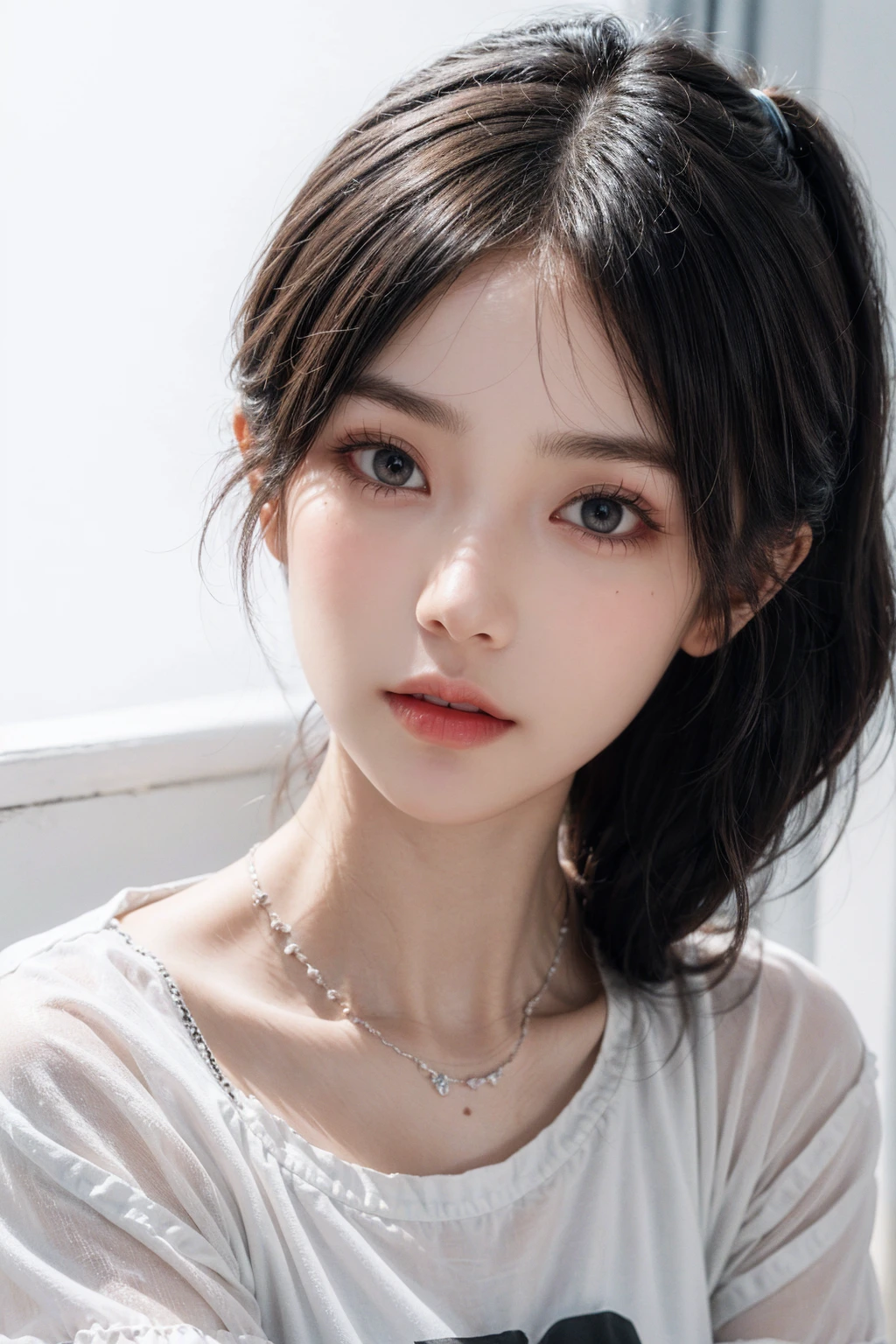 masterpiece, best picture quality, Extreme details, ultra high resolution, ultra high definition, Beautiful girl, woman, shiny skin, thin, black hair, short ponytail, 1, big eyes, beautiful eyes, lipstick, Exquisite facial features, bust, look at the viewer, t-shirt, single tone background, White background, soft light