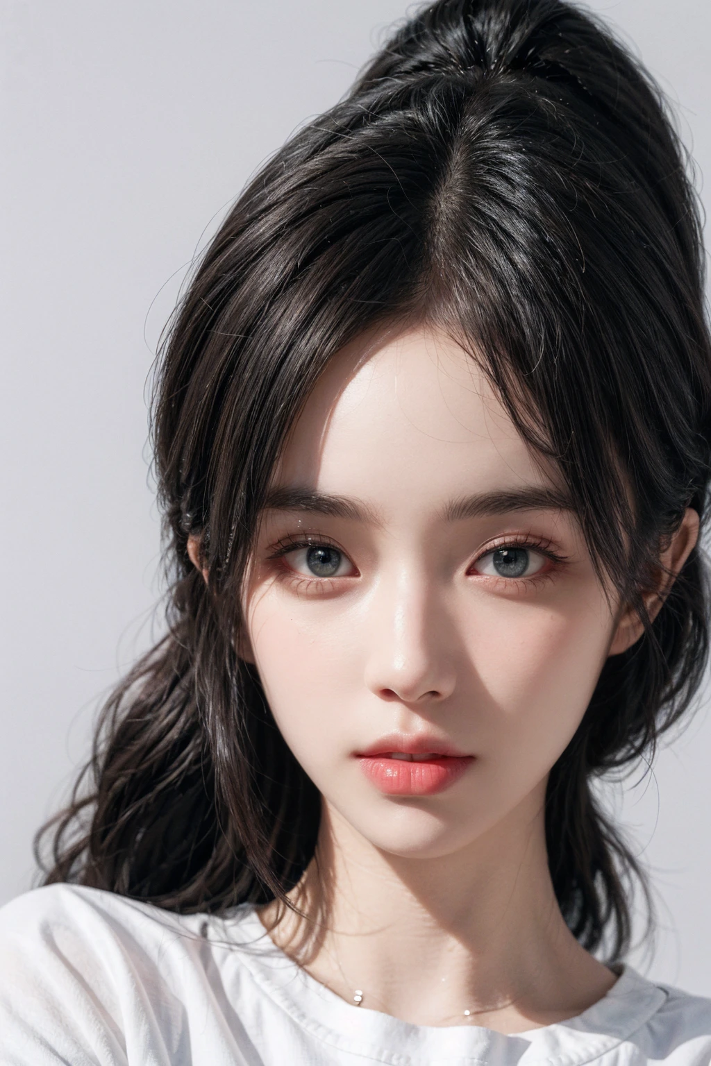 masterpiece, best picture quality, Extreme details, ultra high resolution, ultra high definition, Beautiful girl, woman, shiny skin, thin, black hair, short ponytail, 1, big eyes, beautiful eyes, lipstick, Exquisite facial features, bust, look at the viewer, t-shirt, single tone background, White background, soft light