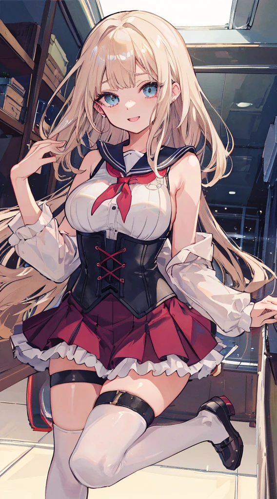 top-quality、realistic touch,high-detail、photoRealstic、Long body、captive beauty、big eye、huge tit、Strong platinum blonde eyelashes、platinum-blonde、Beautie、A sexy、full body Esbian、Sparkling eyes、Submissive smile、Flushed cheeks、Kamimei、thin-waist、Voluptuous thighs、Enraptured look、Raked bangs、The forehead is protruding、Corset to emphasize the brest、sleeveless、High school student in sailor suit、skirts that are too short