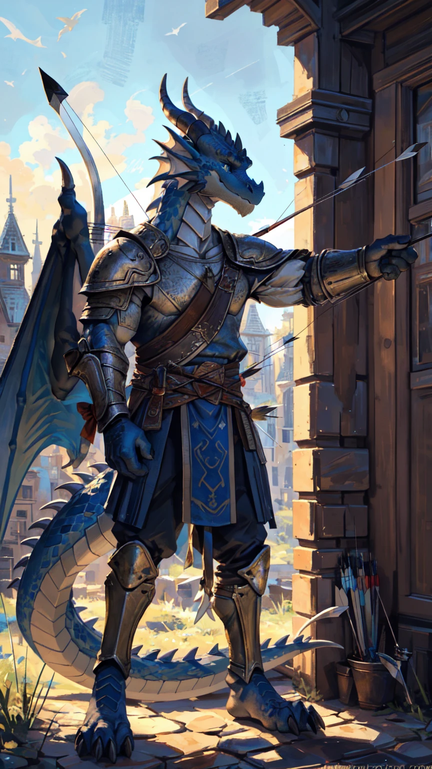 ((middle Ages:1.3,Range background:1.5)),Royal Family:1.2,((Bow and Arrow:1.5)),((sunny:1.4)),high resolution,4K,masterpiece,high quality,((Dragon Archer,bow and arrow:1.6)),male,龙Furry,(teenager:1.3),hairy,((Heroic and Calm:1.4)),(((Slender face:1.2,Lean:1.2,Long legs:1.3,Thick 龙 tail:1.2))),(((Gray head:1.2,Blue pupils:1.2,neck:1.3,Gray Hands:1.4,muscle:1.3))),(((White Armor:1.3,There is a blue flag on the armor:1.4))),(((Half Body:1.1,Bow shape:1.5)))Exquisite eyes,Detailed body,Detailed hands,Detailed feet,Kenket's Art