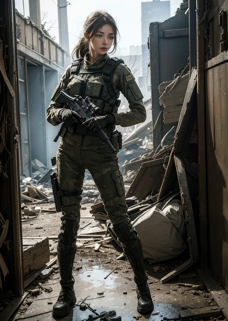 8k, Realistic photos, Realistic skin texture, Beautiful women serving in the RUS military、Inside a building strewn with rubble、get attacked、Resist and try to escape、Collapsed wall、Automatic rifle、Bulletproof vest、Back back、boots、Covered in scars、Stern expression、Dynamic pose、Innovative Configuration、Dust is flying