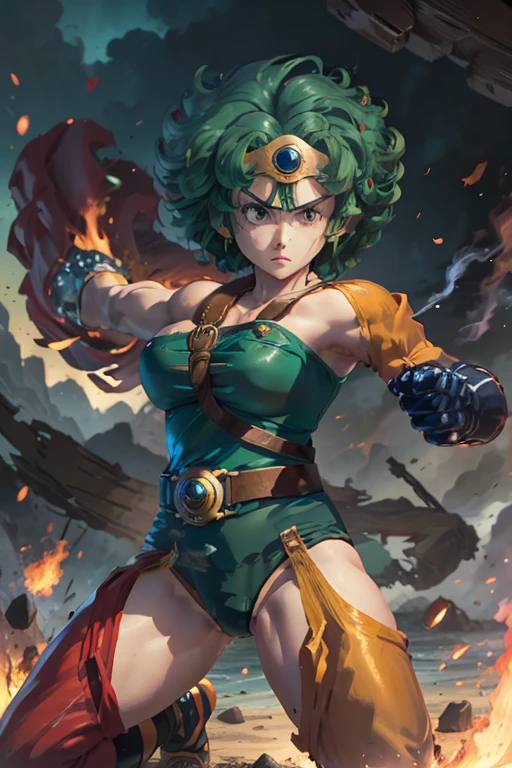 Anime Artwork Anime Artwork Masterpiece,most、high quality, Unreal Engine, Ultra-high resolution, Very detailed丸い胸, 1 person with medium chest,  Waist, thin,(Muscular:0.9)
 heroine, 
Circlet, Curly Hair, Green Hair, short hair, Asymmetrical clothing, leotard, belt, One-handed gloves, Single Sleeve, Single Thigh High Cave, Holding a sword, . Anime Style, Key Visual, Vibrant, Studio Anime,  Very detailed、　I'm running out of life. ragged equipment. kneel on one knee. be attacked by fire by the enemy.have one's hands and feet restrained.