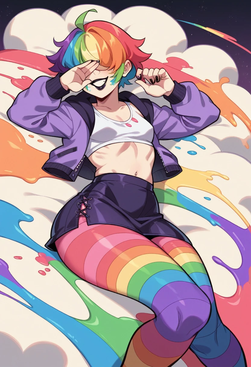 A feminine looking man, rainbow hair, messy chogo, hair covering eyes, paint black lips, flirtatious smile, purple mini jacket, fitted white top, moni purple skirt, short rainbow tights, slim and feminine body, thick thighs, small breasts, very big butt and white skin, lying sexually on a cloud, lgbtq+, pastel colours.