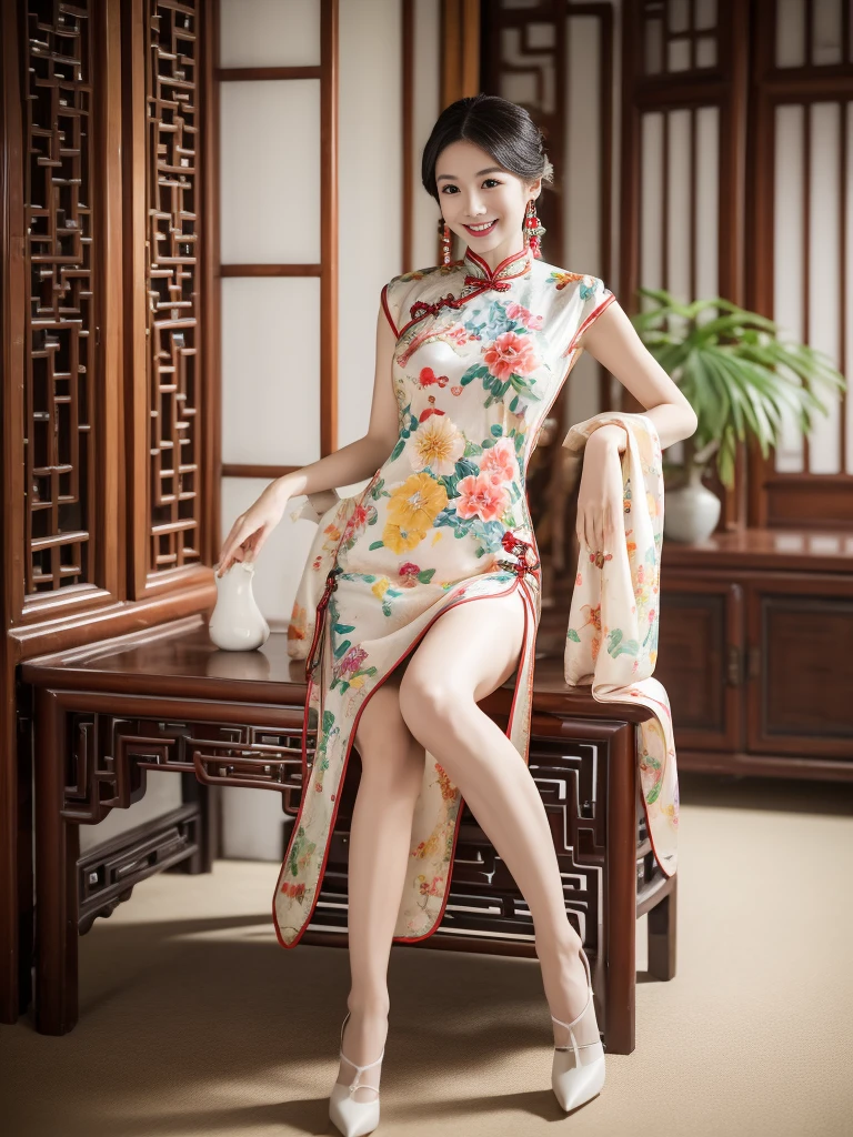 light, Ray Tracing, Film Grain, Depth of Field, Ultra HD, masterpiece, best quality, Super Detail, The award-winning, high resolution, High Detail, Real human skin, Natural skin texture, 1 Girl, A woman，Oval face, cheongsam, whole body,Big breasts,indoor, (((Show your thighs))), Bare thighs, Beautiful legs, ((Chest)), Full figure, whole body, kiss, ((Colorful Chinese Clothing)), sit在地上, Smile, High heel, (sit:1.3), Chinese furniture, vase, Sense of space, Face lighting, Depth of Field, Natural light, Flowers, plant, Art Deco Design,Correct human body structure，Five fingers，Correct leg structure