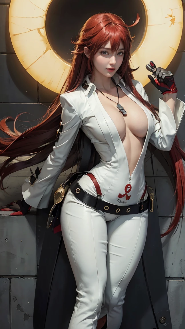 (masterpiece), best quality, 4K, realistic, HD, NIPPLES, expressive eyes, perfect face, solo, breasts, cleavage, full body, red hair, aqua eyes, no bra, collarbone, midriff, navel, slim body, necklace, ankh, belt, black gloves, milf, ankh, white strait bodysuit, compass rose ass visible through thighs, red gloves, standing, strivejacko, Jack-O'Valentine, white bodysuit, visible smiles, long hair streak, irish woman, tight, sweating, lipstick, FIGHTEr, guilty gear, boot shoe, skimpy, interrogation, merore, happiness, 