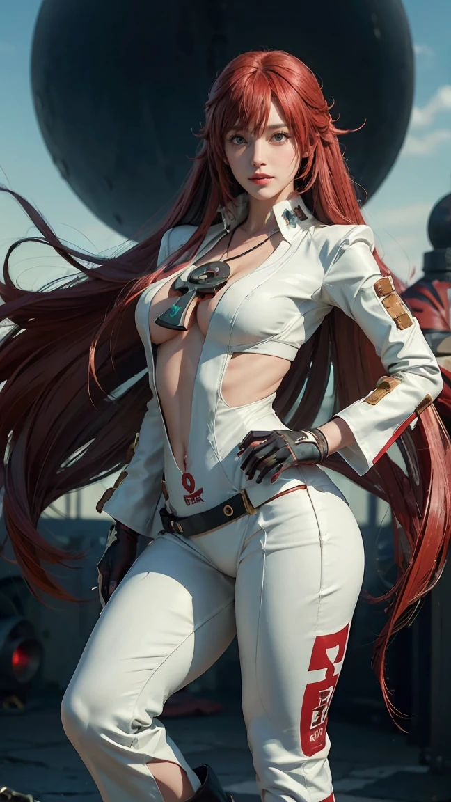 (masterpiece), best quality, 4K, realistic, HD, NIPPLES, expressive eyes, perfect face, solo, breasts, cleavage, full body, red hair, aqua eyes, no bra, collarbone, midriff, navel, slim body, necklace, ankh, belt, black gloves, milf, ankh, white strait bodysuit, compass rose ass visible through thighs, red gloves, standing, strivejacko, Jack-O'Valentine, white bodysuit, visible smiles, long hair streak, irish woman, tight, sweating, lipstick, FIGHTEr, guilty gear, boot shoe, skimpy, interrogation, merore, happiness, 