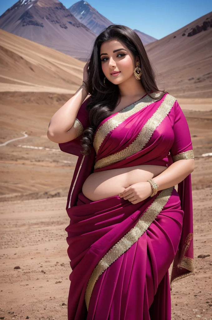 1 Heavenly beautiful and goddess beauty cute and sweet looking face Arabian woman in front of Vinicunca mountain, Heavenly beautiful Overweight, Heavenly beautiful Extremely fat, Heavenly beautiful and attractive Chubby figure , Heavenly beautiful looking and eye catching luxury style tight fitting elegant saree, reaching out, Heavenly beautiful Arabian woman, 16k, High resolution, masterpiece, highest quality, fine skin, Realistic Photograph