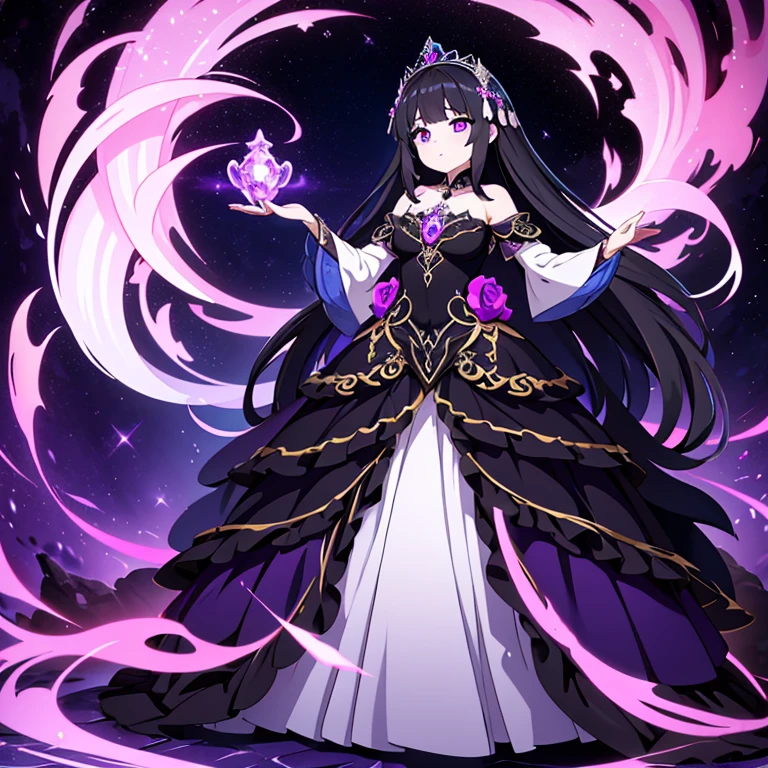It has a humanoid form with pale, porcelain-like skin and long, flowing black hair that cascades down its back. Adorned in a regal gown of deep purple and black velvet, intricately embroidered with silver threads and adorned with onyx gems that shimmer with an eerie glow. Gothiqueen's eyes are a piercing shade of violet, reflecting a depth of wisdom and melancholy. Full body, beautiful eyes , 1 girl  , princess , ball gown , full body , cute girl , anime style
