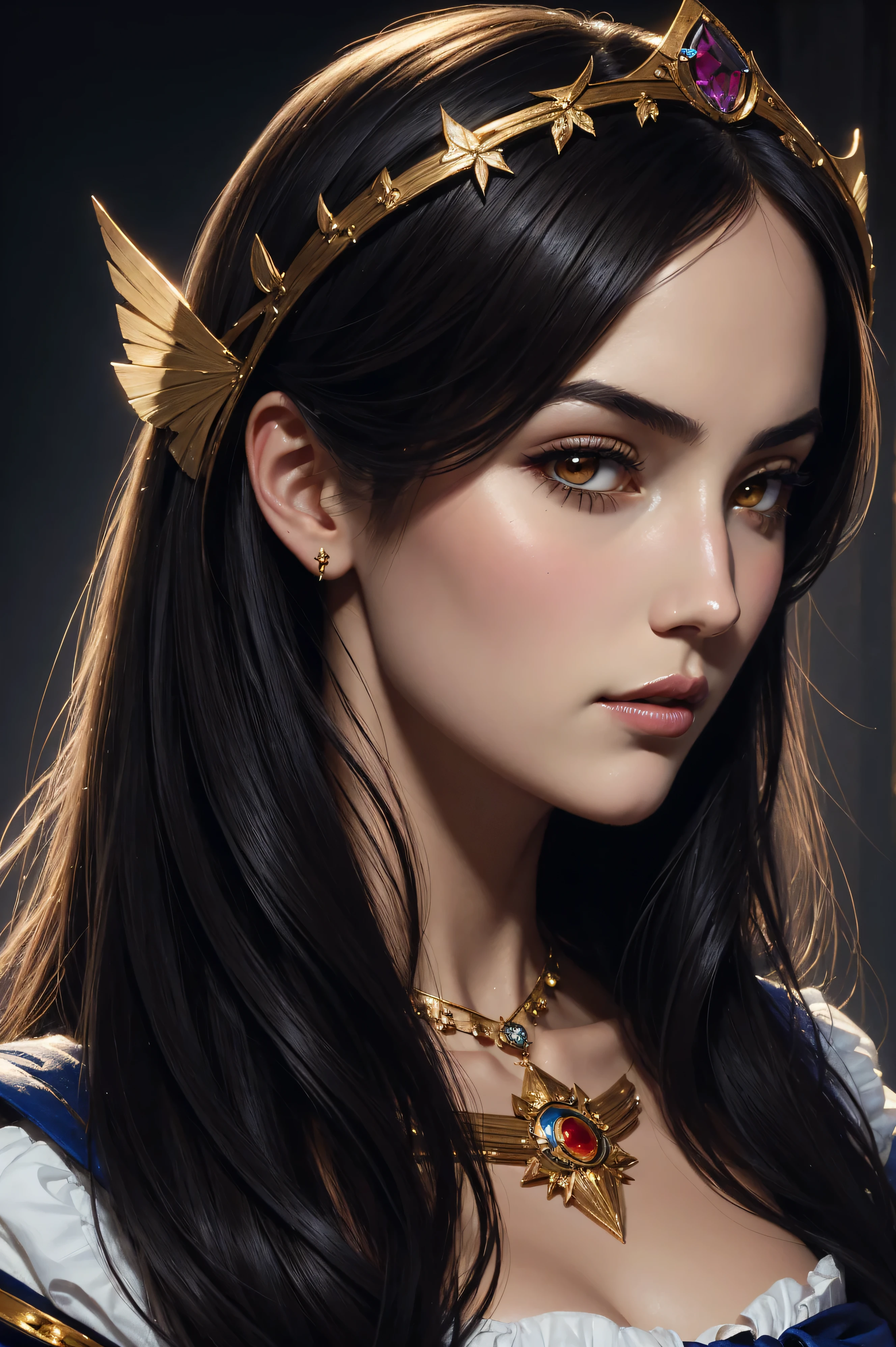 modelshoot style, (extremely detailed CG unity 8k wallpaper), full shot body photo of the most beautiful artwork in the world, medieval queen, green vale, dark skin, black woman, dark skin, golden crown, diamonds, medieval architecture, professional majestic oil painting by Ed Blinkey, Atey Ghailan, Studio Ghibli, by Jeremy Mann, Greg Manchess, Antonio Moro, trending on ArtStation, trending on CGSociety, Intricate, High Detail, Sharp focus, dramatic, photorealistic painting art by midjourney and greg rutkowski